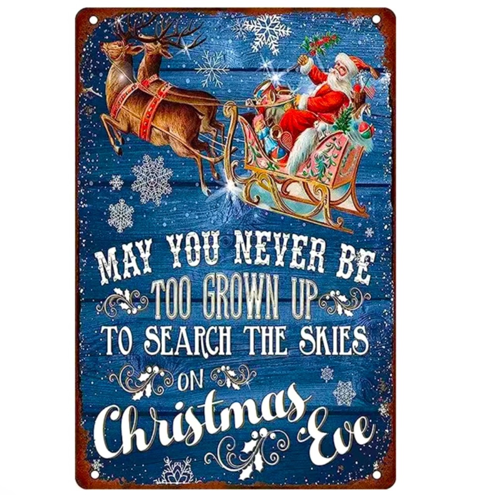 Christmas Eve Santa & Reindeer Sled Metal Sign May you never be too Grown up